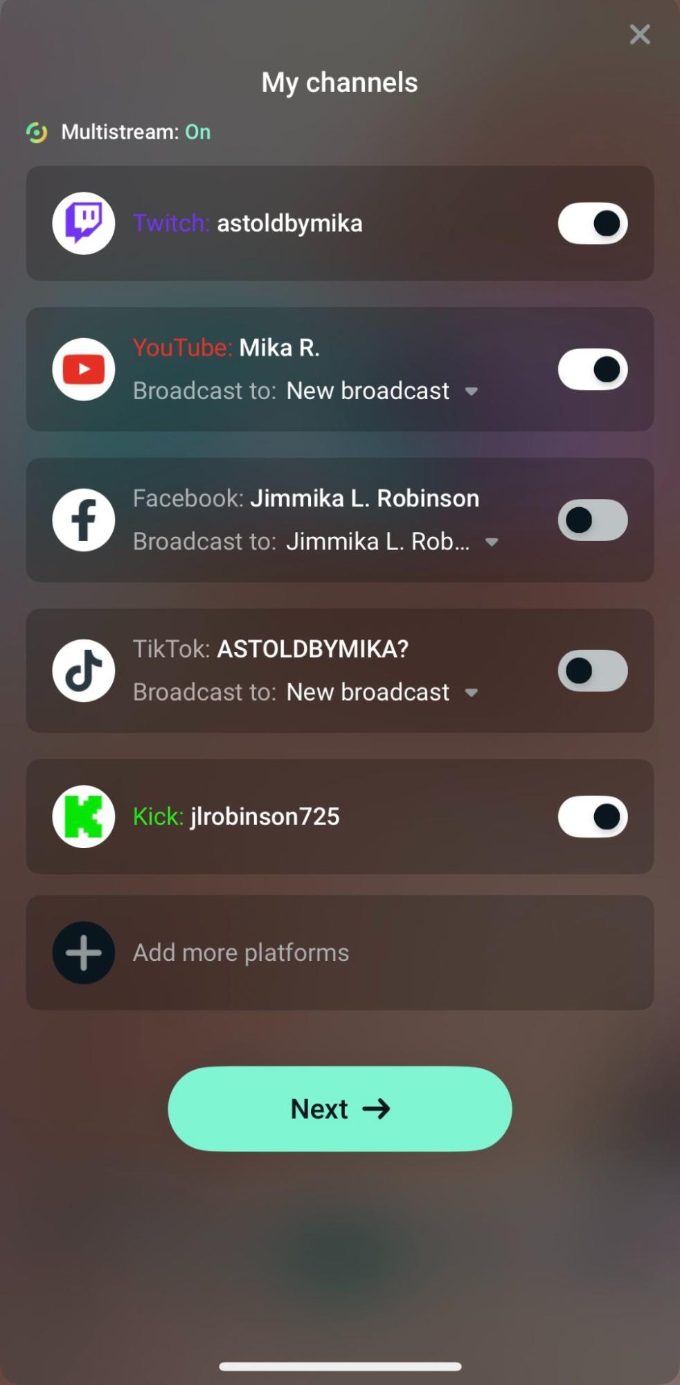 Choose your platform to stream to from the Streamlabs Mobile app